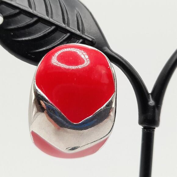 Vintage Red Enamel Silver Tone Post Earrings, 1 Inch - Picture 2 of 11